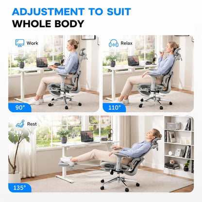 Ergonomic Office Chair with Footrest, 3D Adjustable Headrest & Armrests, Elastic Lumbar Support, Breathable Mesh High Back, 90°-135° Reclining Swivel Chair for Home Office