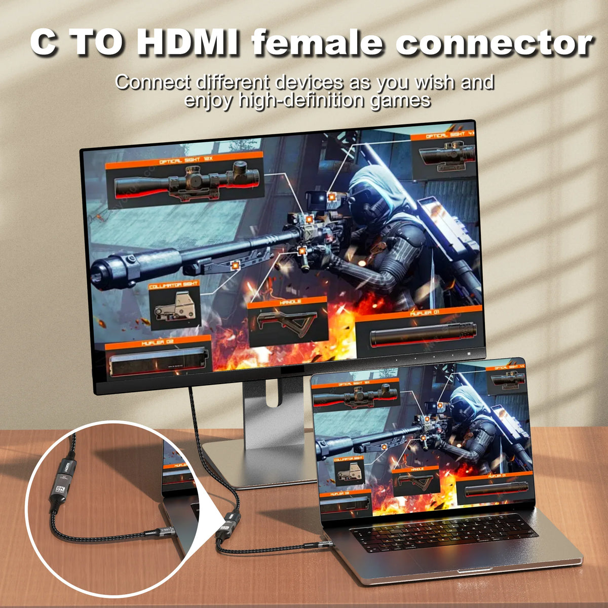 8K@60Hz 8K USB C to HDMI 2.1 Cable Adapter Type C to HDMI Cable for Thunderbolt 3 Compatible with MacBook Pro IPad pro Laptop