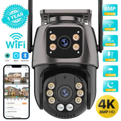 PTZ Utomhuskamera med Dubbla Linser – 4MP/8MP, WiFi, AI-spårning, Färg-nattseende och iCSee