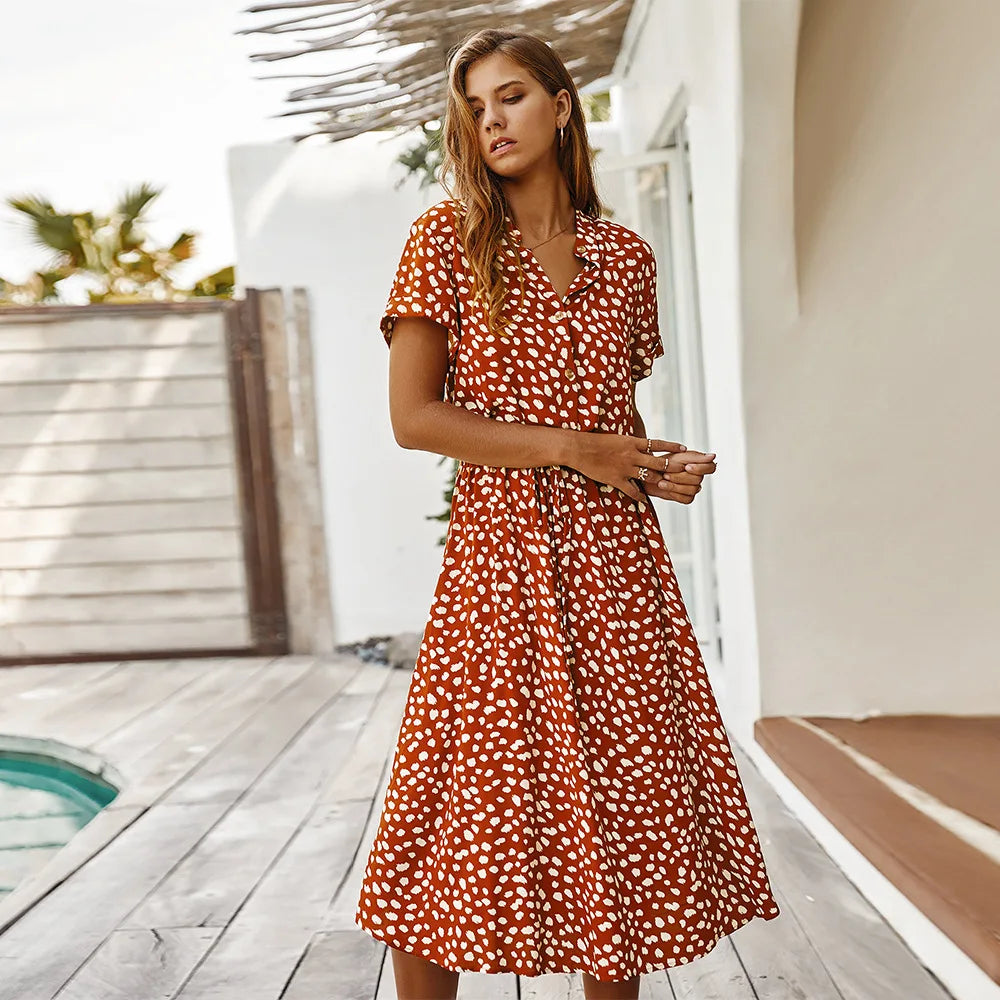 Vintage Blommig Boho Skjortklänning – Kortärmad, Lång, Nedvikt Krage, Skärp, 6 Färger, S–XL