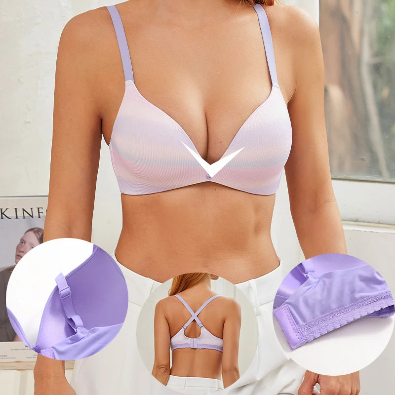 Ice Silk Seamless Wireless Bra Women Push Up Comfort Underwear 3/4 Cup Deep V Neck Daily Lingerie Bralette Plus Size