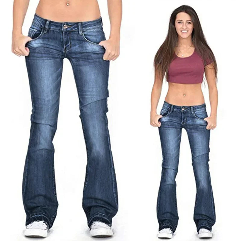 Women Jeans Strecth Jeans Washed Mid Waist Denim Flare Pants Streetwear Floor Length Pockets Denims Autumn Female Trousers