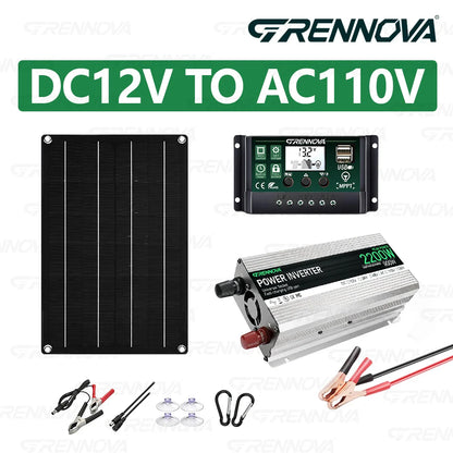 Grennova Plug-and-Play Solcellskit 1100W – 2200W Peak + 50W Panel + 60A MPPT, 110V/220V Belysning TV Fläkt Camping