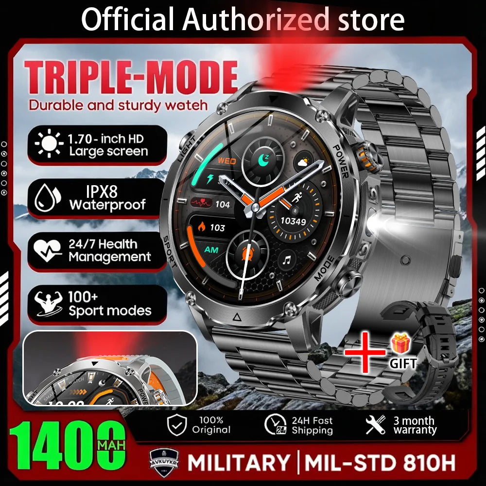New 1400 mAh Battery Military Smartwatch Men IP68 Waterproof Flashlight Health Monitor Sports Call Smart Watch For iOS Android