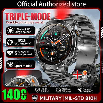 New 1400 mAh Battery Military Smartwatch Men IP68 Waterproof Flashlight Health Monitor Sports Call Smart Watch For iOS Android