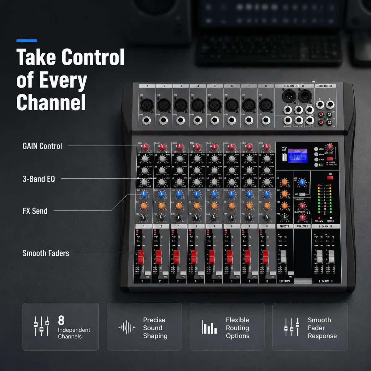 NXG 8-kanals ljudmixer med USB, 3-bands EQ och FX-send
