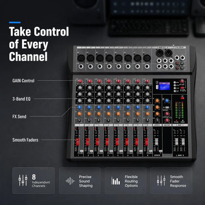 NXG 8-kanals ljudmixer med USB, 3-bands EQ och FX-send