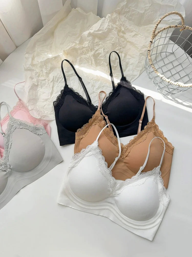 French Lace Bra V Neck Seamless Bra Women's Adjustable Thin Strap Wireless Thin Cup Layering Base Intimates Lingerie Solid S-XL