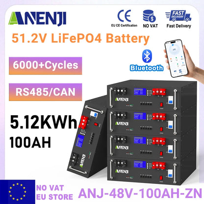 ANENJI LiFePO4 Rackmonterat Batteri 51,2V 100Ah 5kWh – 16S1P, A-grade, BMS 16S100A, RS485/CAN, Parallellkopplingsbar, >6000 Cykler, Hemmasolenergi, EU-lager (Polen)