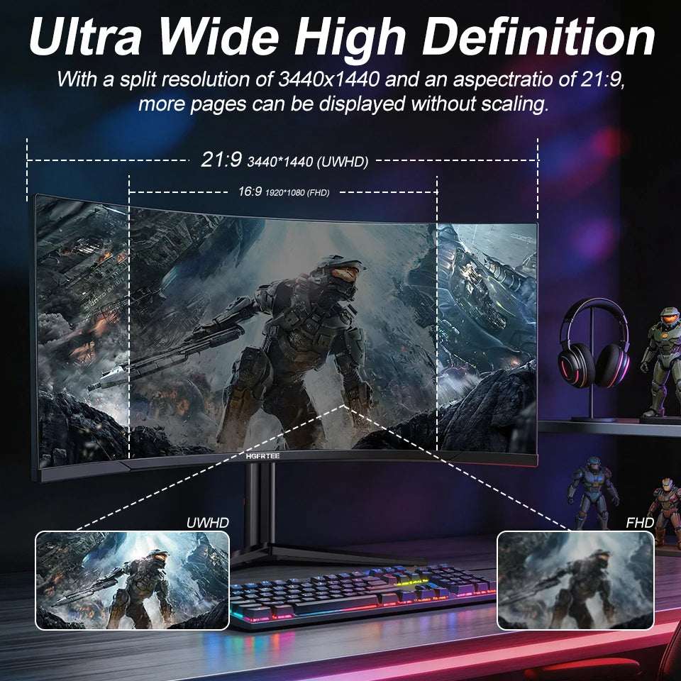 HGFRTEE B340Q Kurvig Gaming-skärm 34" WQHD – VA 3440x1440 165Hz 1500R 21:9 HDR 1ms Matt Yta HDMI
