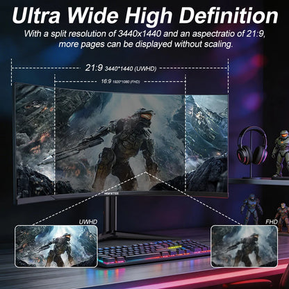 HGFRTEE B340Q Kurvig Gaming-skärm 34" WQHD – VA 3440x1440 165Hz 1500R 21:9 HDR 1ms Matt Yta HDMI