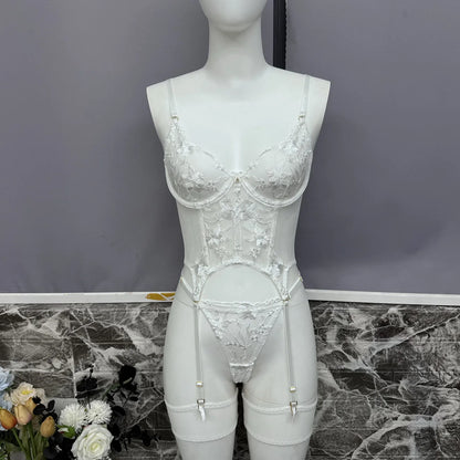 Floral Embroidered Boned Corset Lingerie Set Sheer Mesh Underwire Bustier Garter Straps Waist Cincher Romantic Night Clubwear