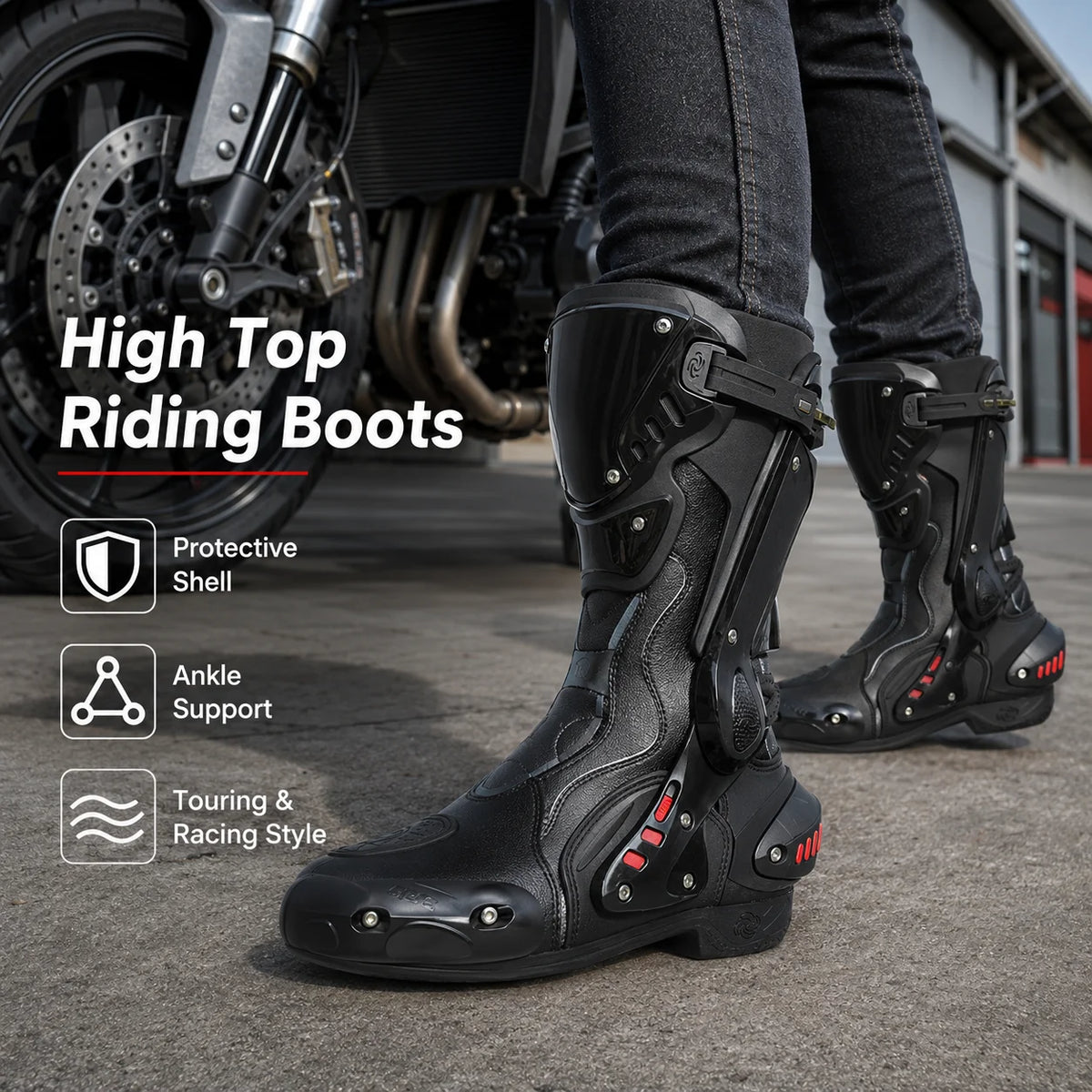 MC-stövlar B1008 – högskaftade körstövlar för touring och racing, unisex 40–45