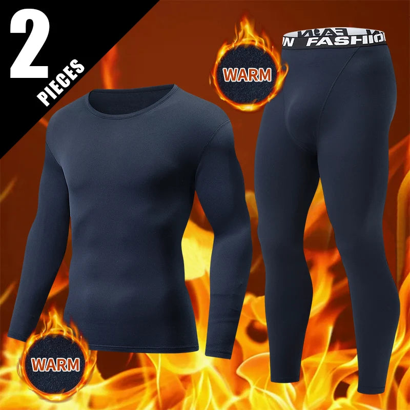 2-pcs Autumn/Winter Men's Thick Warm Underwear Set Large Solid Color Casual Sports Base Shirt Cycling Fitness Elastic Waist Pant