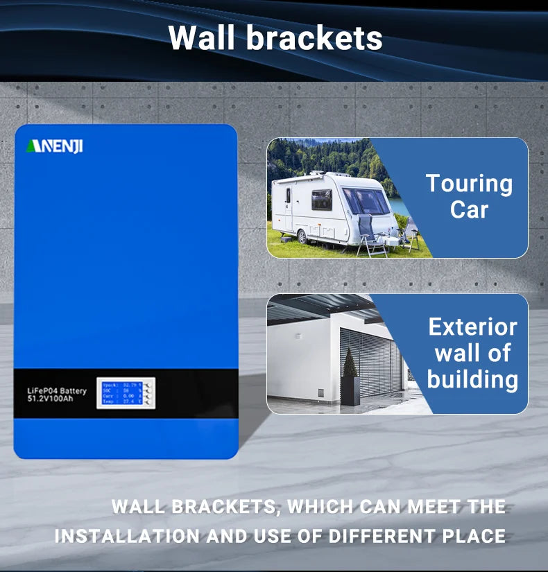 ANENJI LiFePO4 Batteripack 48V/51,2V – 5kWh (100Ah) eller 15kWh (300Ah), Bluetooth+CAN/RS485, ≥96%, >6000 Cykler, Upp till 15 Parallella, EU-lager (Polen)