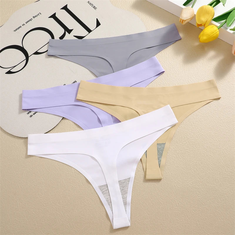 FINETOO 4PCS Silk Satin Seamless Underwear Low Waist Thongs Sexy Solid Color Bikini Underpants Female Stretch Intimates Lingerie