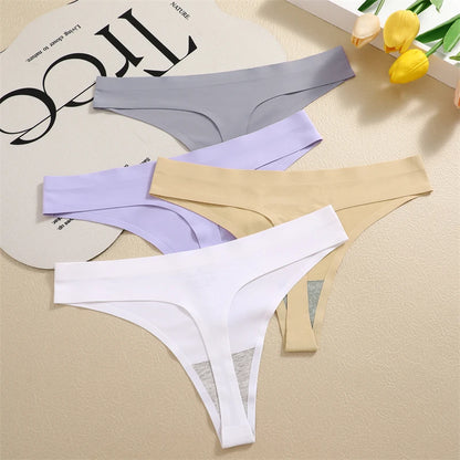 FINETOO 4PCS Silk Satin Seamless Underwear Low Waist Thongs Sexy Solid Color Bikini Underpants Female Stretch Intimates Lingerie