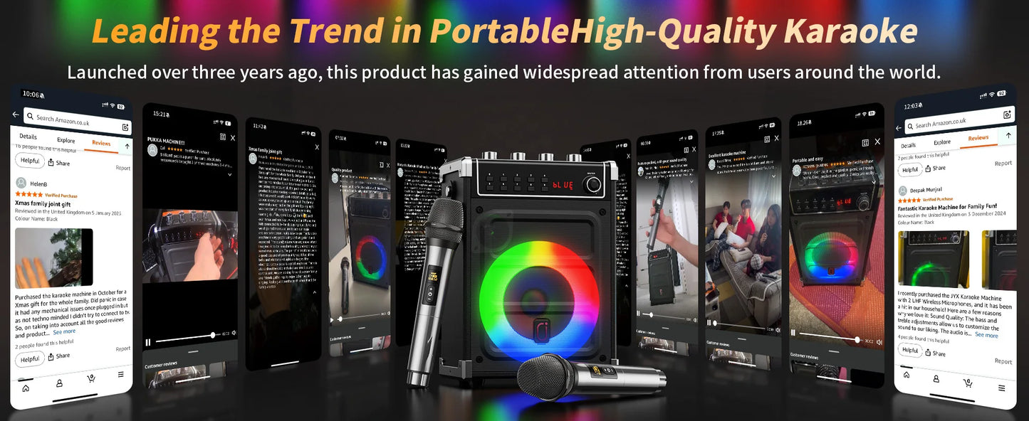 69-black Karaoke Machine with 2 UHF Wireless Microphones, Bluetooth Speaker with Bass/Treble Adjustment and LED Light, PA System