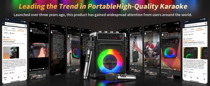 69-black Karaoke Machine with 2 UHF Wireless Microphones, Bluetooth Speaker with Bass/Treble Adjustment and LED Light, PA System