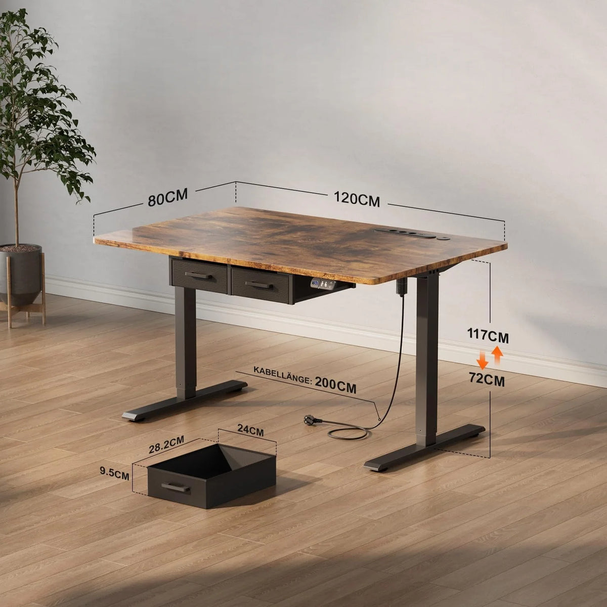 120/140/160/180cm Electric Height Adjustable Desk, Heavy-Duty Large Sit-Stand Table, Gaming Desk with Power Outlet & Drawer