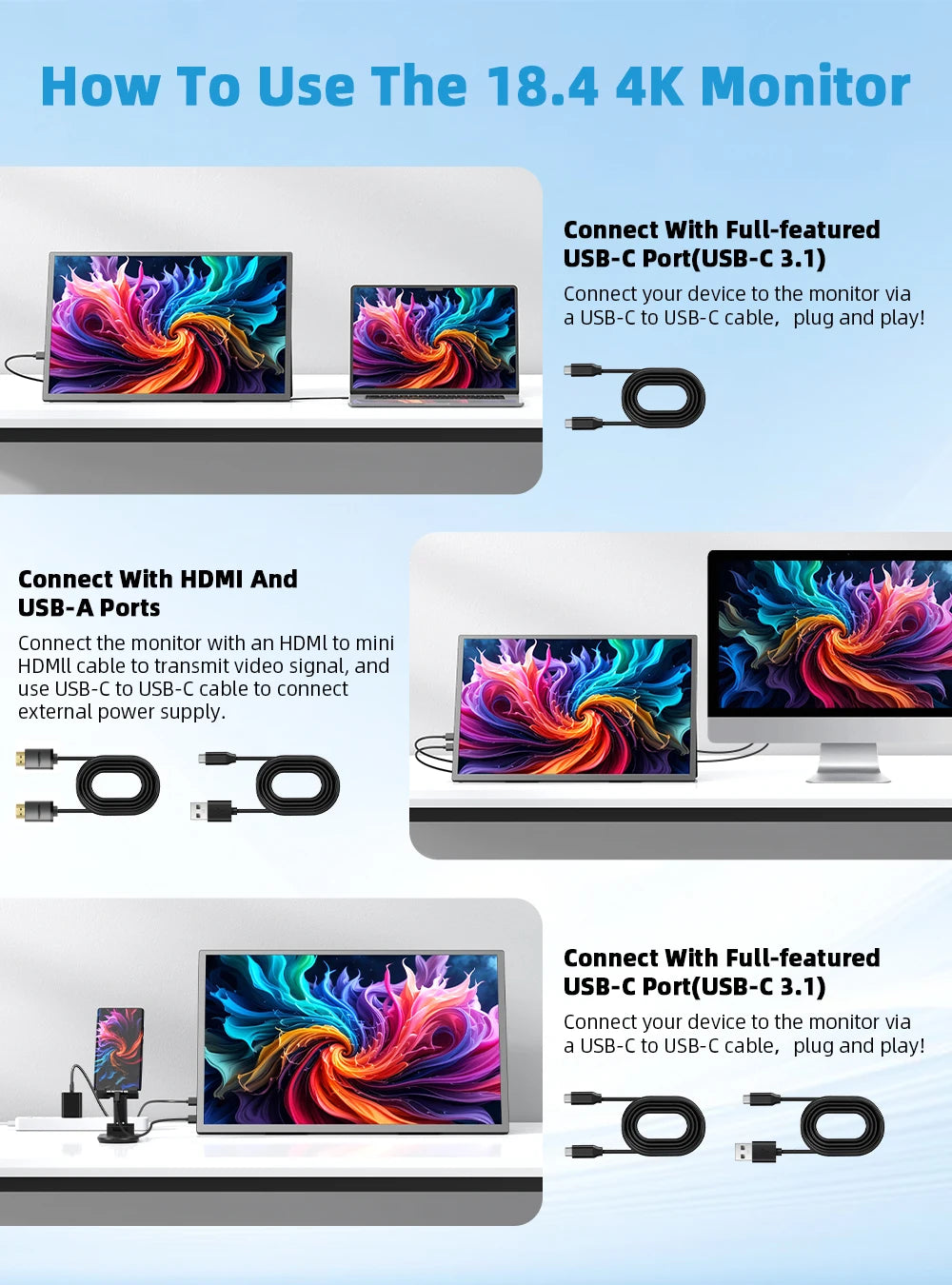 UPERFECT 18.4 inch 4K QLED Portable Monitor Gaming Computer Display Ultra-Slim Extend Screen For PS5/4 Switch Laptop PC Mac Xbox