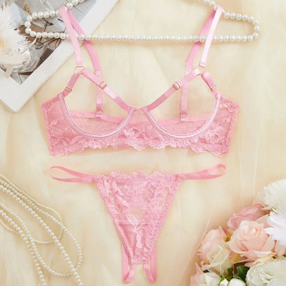 Toucheart 2 Piece Set Sexy Interesting Underwear Set for Women Solid Color Lace Mesh See-through Bra Exotic Sexy Lingerie Set
