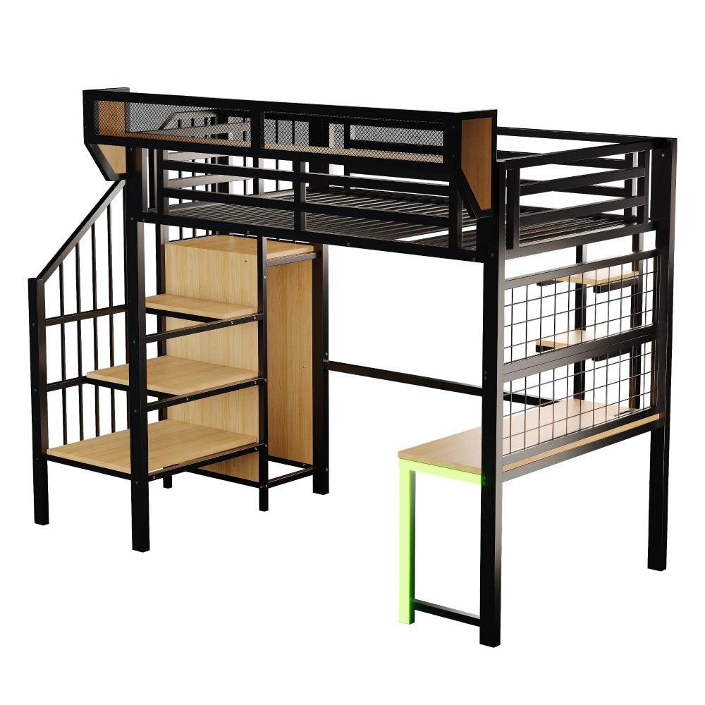 90×200cm & 140*200cm Metal High Bed, with Desk, Shelf and Storage Net, Complete with Safety Ladder, LED Lighting and Socket