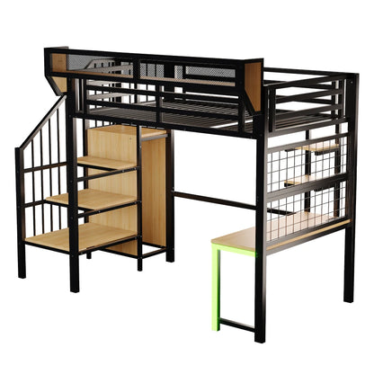 90×200cm & 140*200cm Metal High Bed, with Desk, Shelf and Storage Net, Complete with Safety Ladder, LED Lighting and Socket