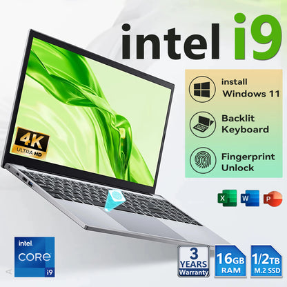 2026 Windows 11 15.6' Ultra Slim Portable Laptop Intel Core I9-9900 16GB RAM 1TB 2TB SSD Fingerprint Office Gaming Laptop PC