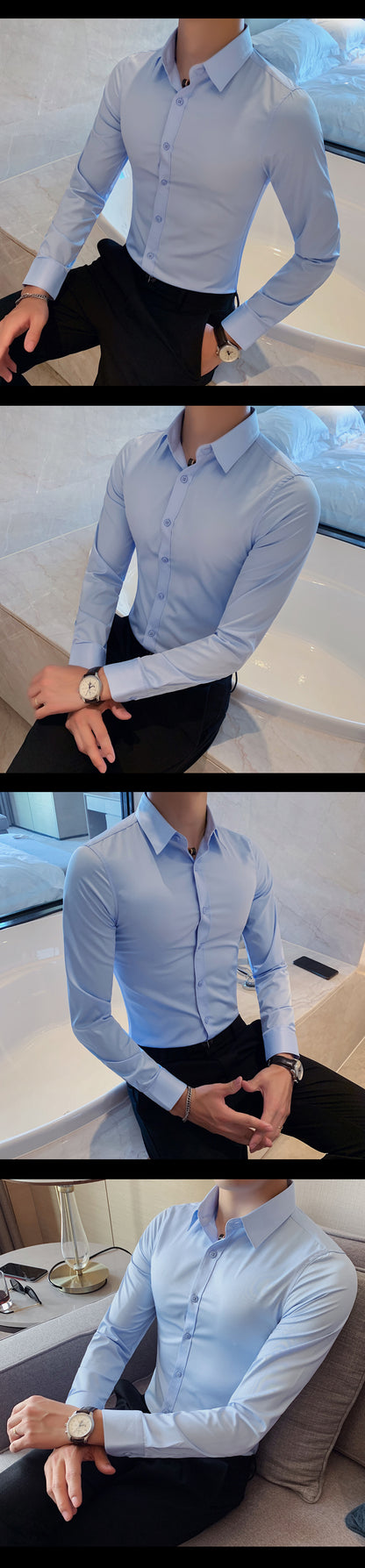 Boutique Fashion Solid Color Formal Wedding Dress Men's Long-sleeved Shirts Club Banquet Party Social Male Shirt