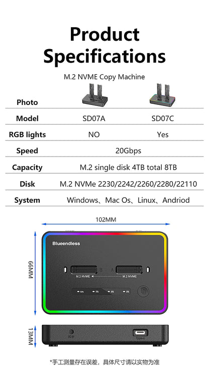 Blueendless Dual-Bay M.2 NVME SSD Clone Docking Station 20Gbps USB3.2 USB C Type C OFFline Cloner Duplicator NVme PCIE Enclosure
