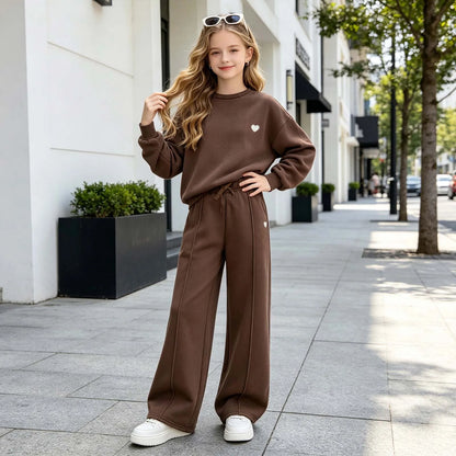 Teenage Girl 2Pcs Outfit Long Sleeve Crew Neck Sweatshirt Loose Wide Leg Pants Casual Daily Playwear Children Kids Girls Clothes