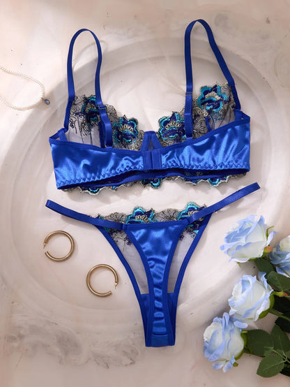 Lyxigt Spets Lingerie Set – Blå Blombrodyr, Genomskinlig Halvkupa BH & Trosor