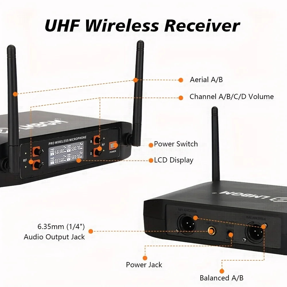 LMBGM-D44 Wireless Microphone System 4 Channel Lavalier/Headset Mic UHF Fixed Dual Band Wireless Set for Church Wedding Party