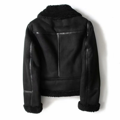 Varm Lammskinnsjacka Dam – Kort Motorcykelstil, Faux Shearling, Mocka, 2 Färger, XS–XL