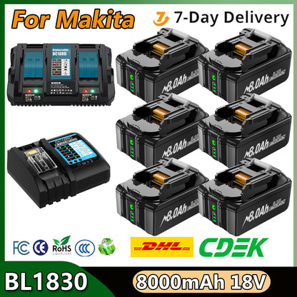 For Makita BL1830 Battery 18V 8000mAh Battery BL1830 BL1815 BL1860 BL1840 Tool Rechargeable Battery With 6A Charger