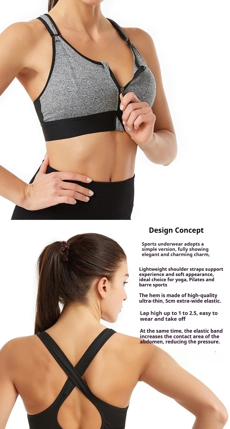 Women High Impact Shockproof Sports Bra Front Zip Adjustable Shoulder Straps Back Support Yoga Running Fitness Bralette
