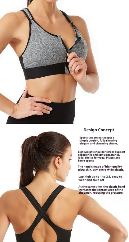 Women High Impact Shockproof Sports Bra Front Zip Adjustable Shoulder Straps Back Support Yoga Running Fitness Bralette