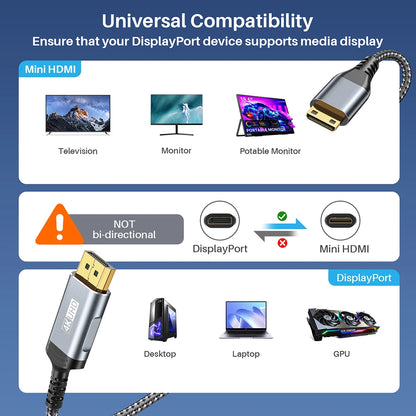 DisplayPort To Mini HDMI Cable UHD 4K 60Hz 2K 1080p Video Display For Desktop Laptop Portable Monitor Projector Mini PC