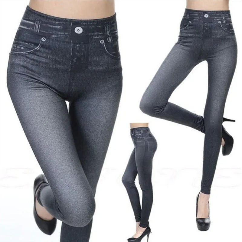 Dam Denim-print Leggings – Slim Faux Jeans Stretch Hög Midja Ankellång Casual Kontor, 3 Färger S–3XL