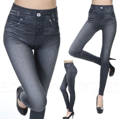 Dam Denim-print Leggings – Slim Faux Jeans Stretch Hög Midja Ankellång Casual Kontor, 3 Färger S–3XL