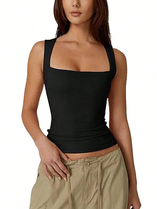 Dam Linne Dubbellager Square Neck – Tight Y2K Goth Sommartopp, 8 Färger S–XL