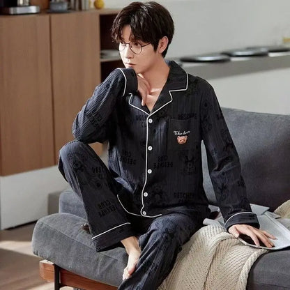 Casual Spring and Autumn Pajamas for Men, New Versatile Cardigan Long-Sleeved Long Pants Set, Simple and Stylish, Plus-Size Loungewear