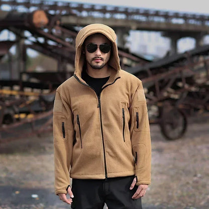 Herr Militär Fleecejacka med Huva – Varm Taktisk Jacka för Vandring och Friluftsliv, S–4XL