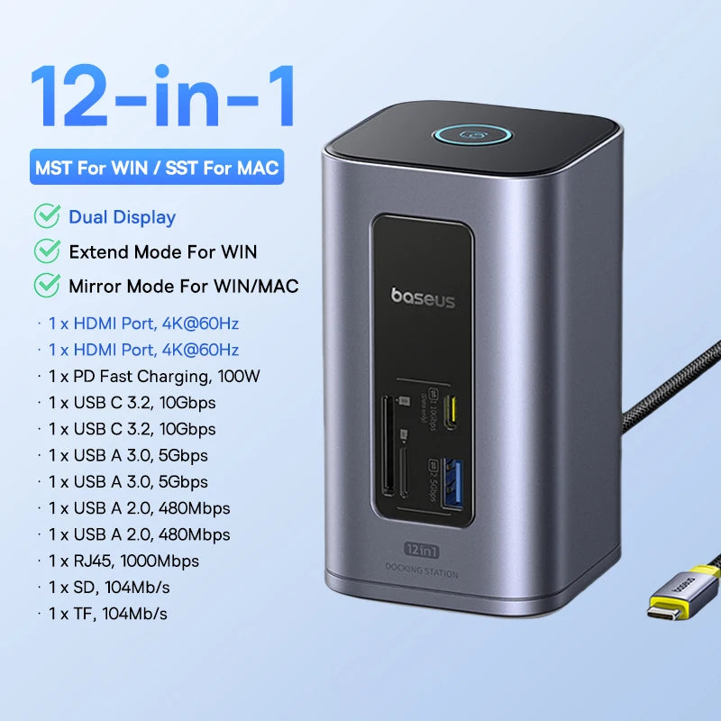 Baseus 11/12-i-1 USB-C-docka med flera skärmutgångar och PD