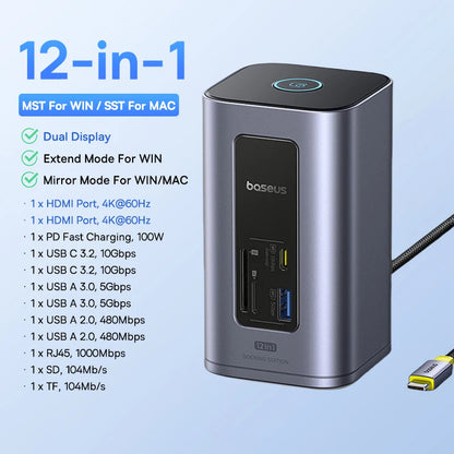 Baseus 11/12-i-1 USB-C-docka med flera skärmutgångar och PD