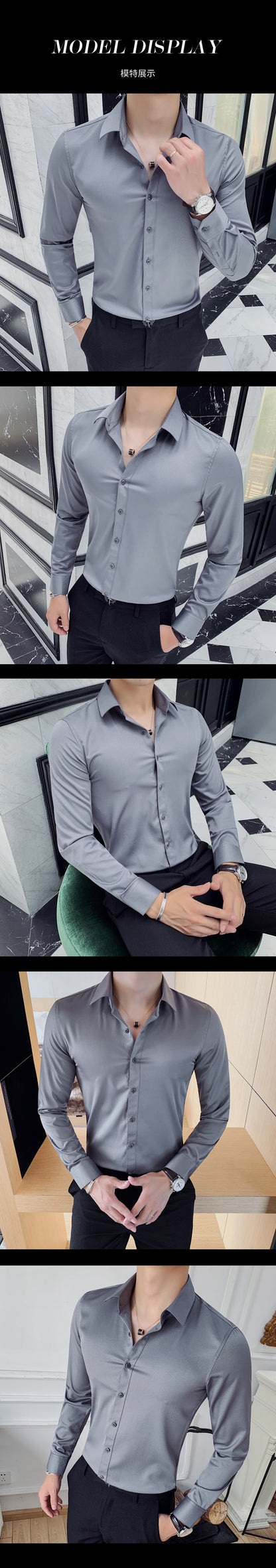 Boutique Fashion Solid Color Formal Wedding Dress Men's Long-sleeved Shirts Club Banquet Party Social Male Shirt