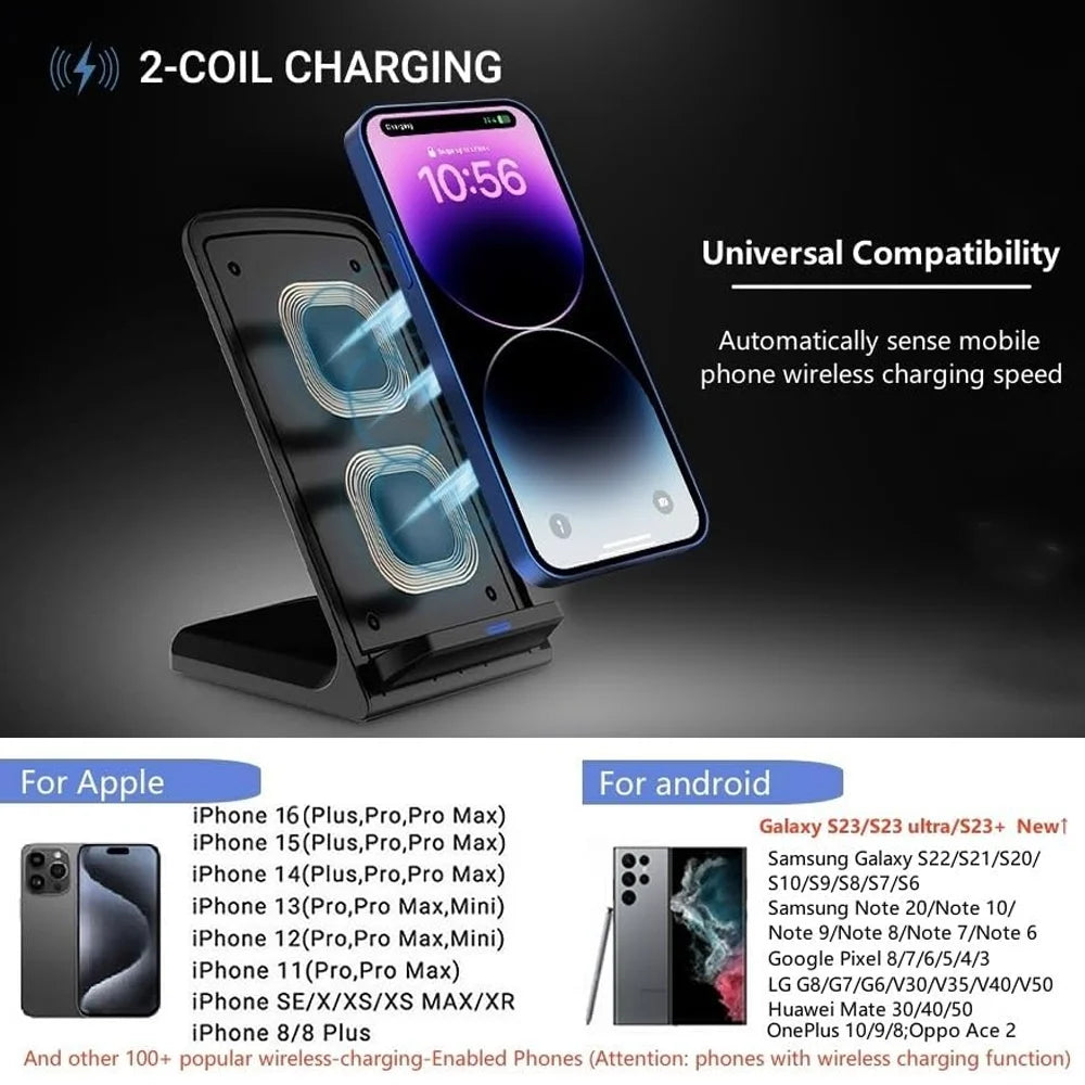 Fast Wireless Charging Stand Compatible with Samsung S24/S23/S22/S21 Ultra, iPhone 17‑12 Pro Max & Xiaomi Smartphones