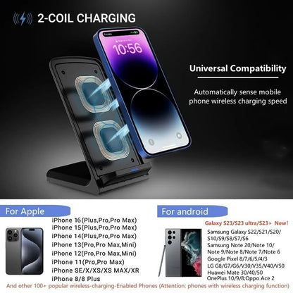 Fast Wireless Charging Stand Compatible with Samsung S24/S23/S22/S21 Ultra, iPhone 17‑12 Pro Max & Xiaomi Smartphones