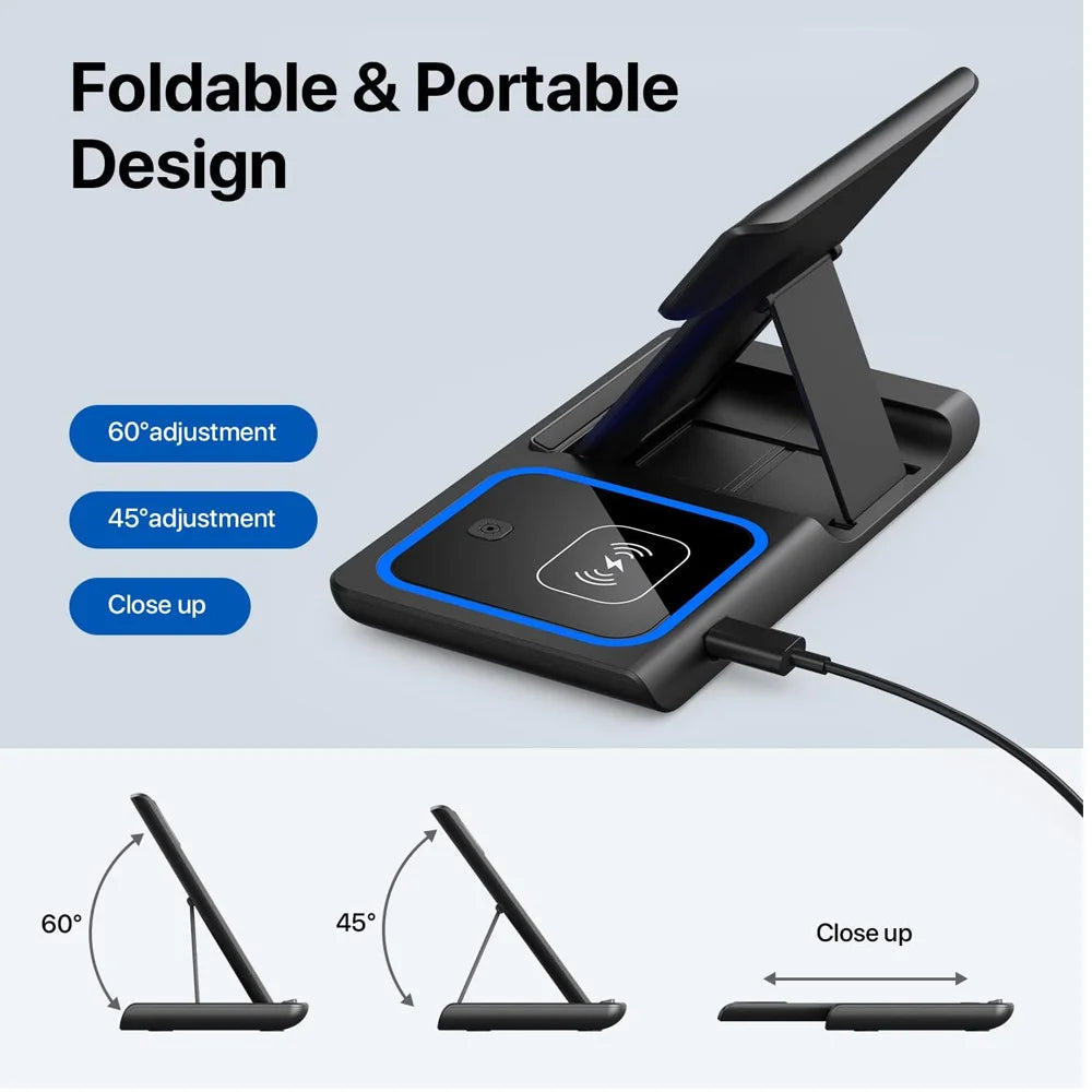 30W 3 in 1 LED Fast Wireless Charger Stand Foldable Charging Station For iPhone 17- 12 Apple Watch 9 8 7 6 5 Airpods Pro